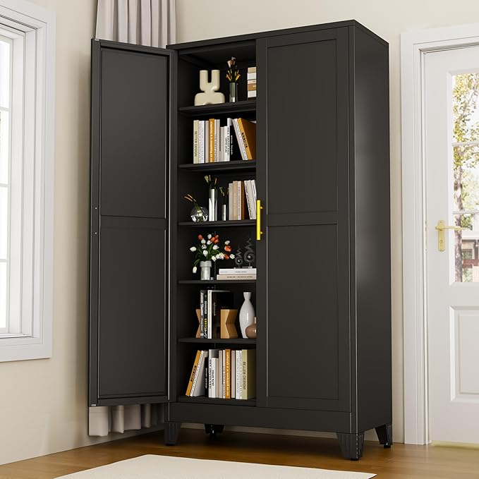 Black Metal Storage Cabinet,75" Steel Cabinets for Home Office | Kitchen Pantry Storage Cabinet with Doors and 5 Adjustable Shelves, Tool Cabinets, for Office, Home, Garage, School, 36W