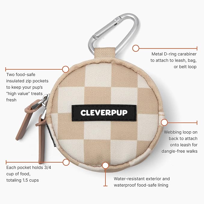 Cleverpup Snackpack Double Insulated Dog Treat Pouch – 1.5 Cup Capacity, 2 BPA-Free Waterproof Zipper Pockets, Carabiner for Belt/Leash – Compact Training & Travel Bag – Checkerboard