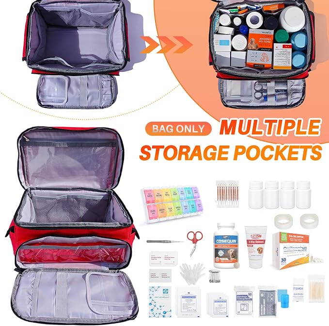 First Aid Bag Empty 12" x 9" x 7" Red Medical Bag Red Pill Bottle Organizer Portable Emergency Bag Travel Medicine Kit Storage Case First Aid Box for Car, Home, Office, Dorm, Outdoor (Small)