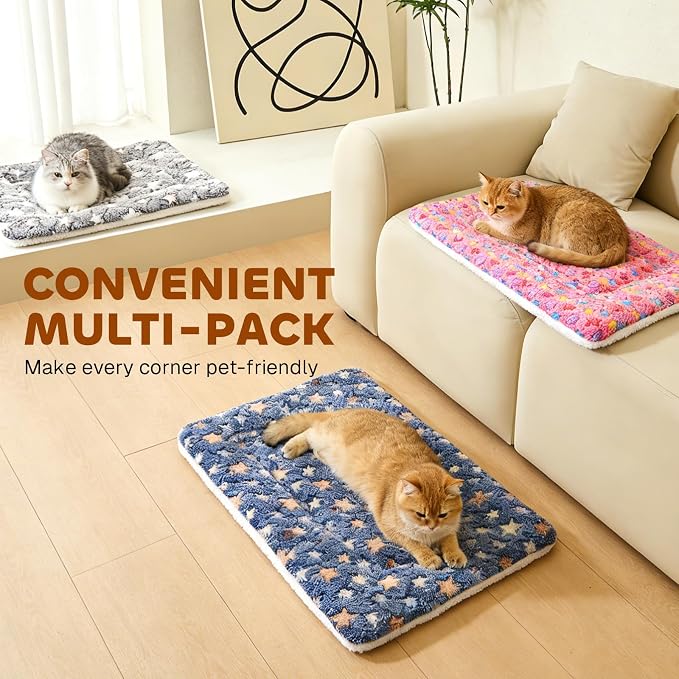 Mora Pets Cat Bed Ultra Soft Dog Crate Pad Star Print 2 Pack 18 inch Pink | Washable Crate Mat for Small Dogs and Indoor Cats, Reversible Fleece Dog Kennel Pad, Flat Pet Bed, Cat Carrier Mat