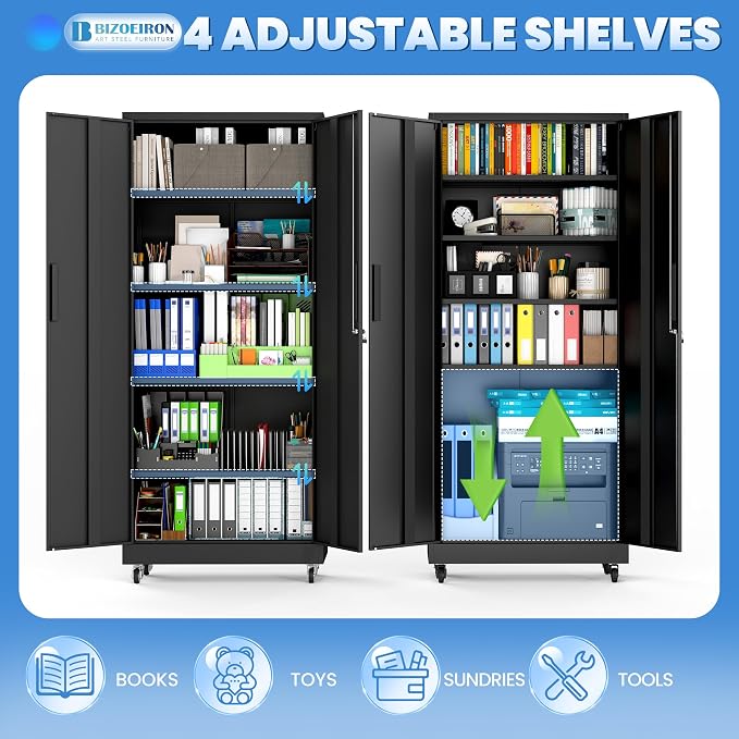 Metal Storage Cabinet for Garage, Tool Cabinet, Utility Cabinet | with Wheels, Tall Tool Cabinet, Lockable, 2 Doors, 4 Adjustable Shelves, Assembly Required, Black