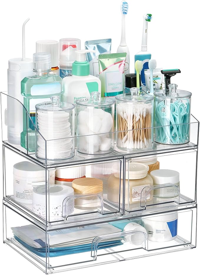 Vtopmart 8 PCS Bathroom Countertop Organizer, 1 Divided Tray with 4 Qtip Holder Jars and 3 Drawers, Restroom Clear Organizers for Toothbrush, Cotton Pads, Vanity Accessories Storage Set