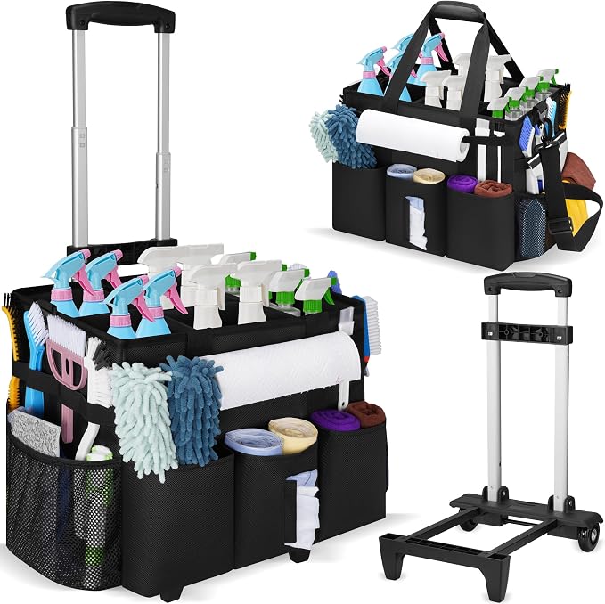 Large Rolling Cleaning Caddy with Detachable Trolley for Housekeeper | Large Capacity Cleaning Supply Organizer Bag with Wheels, Multiple Pockets, Water-resistant