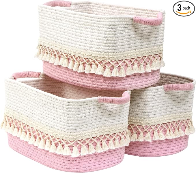 3 Pack Storage Basket for Shelves, Boho Cotton Rope Storage Bins with Heavy Tassel, Shelf Baskets Large Woven Baskets for Organizing, Cube Organizer Bins, Baby Laundry Basket for Clothes, Toys, Pets