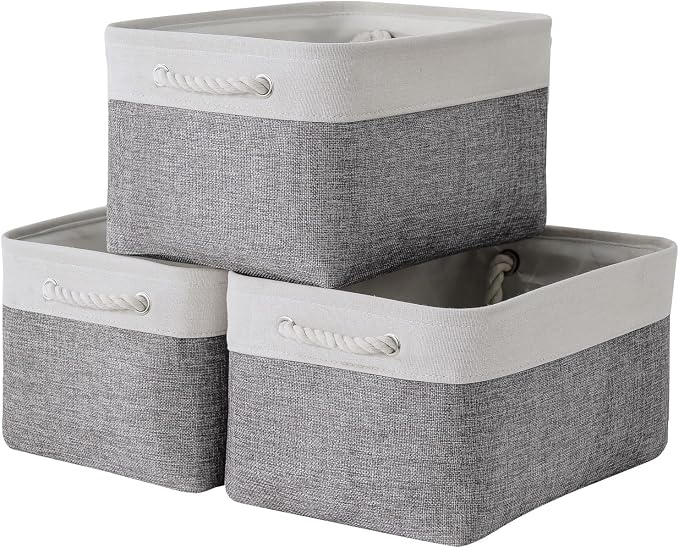 Storage Bins for Shelves - 13.8L×9.8W×6.7H inch 3 Pack Medium Collapsible Storage Baskets for Organizing | Fabric Storage Cubes for Linen Closet Toy Home (White&Grey)
