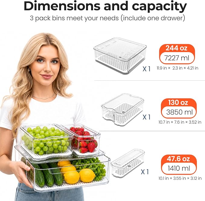 SMRCAD Clear Fridge Bins with Drain Trays - BPA-Free PET, Stackable(3 Pack) | 3 Pack: 1 Drawer + 2 lidded Bins, Helps Keep Produce Fresh, 12.5L Capacity, Hand Wash Only