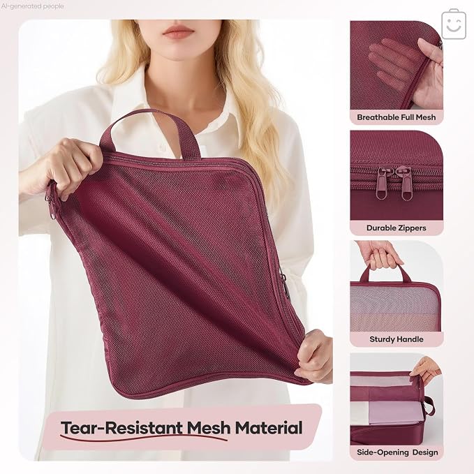 Veken 9/11 Set Compression Packing Cubes Garment Bags for Travel Essentials,Compressible Expandable Luggage Organizer Bags for Clothing,Space Saver Bags with Over 1000 pcs of Mesh Holes(Wine Red)