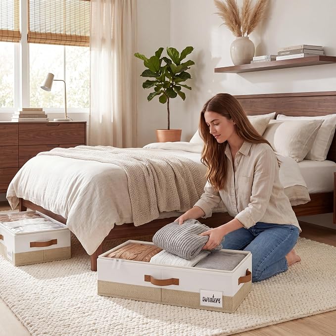 StorageWorks 5 Inch Low Profile Under Bed Storage Containers with Clear Lid | Reinforced Structure, Resists Sagging, Handles & Label Holder, Foldable Stackable Closet Storage for Clothes, Blankets, Toys
