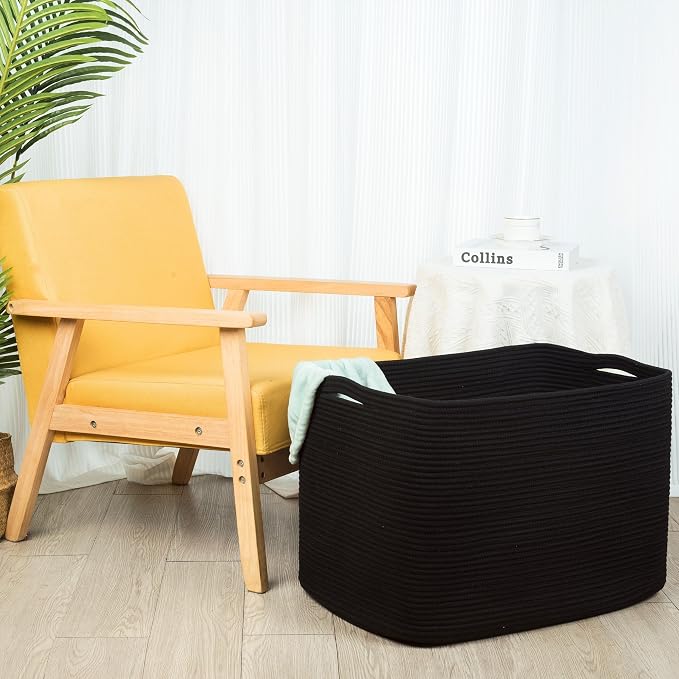 112L Extra Large Blanket Basket Holder Living Room, 25"x17"x16" Rectangle Rope Woven Storage Basket with Handles for Laundry, Pool Towels, Shoes, Dog Toy Organizer Bin Box, Black