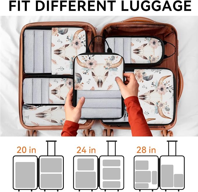 Western Bull Skull 6 Set Compression Packing Cubes | Retro Cow Flower Head Travel Accessories Expandable Packing Organizers Space Saver Bags for Organizing Clothes