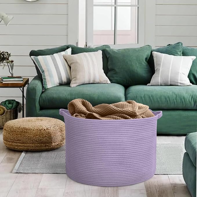 Purple Rope Storage Basket, 22" X 14" Large Woven Baskets, Jumbo Floor Bin for Throw Blankets Pillows, Baby Laundry Basket, Dirty Clothes Organizer, Big Storage Bin for Toys, Towels