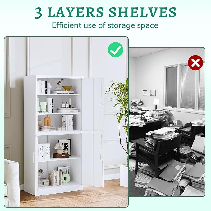Metal Storage Cabinet with Lock Door, Adjustable Shelf Steel Cabinets for Office, Home,Pantry,Kitchen,Garage Utility Cabinet (4 Door-White)
