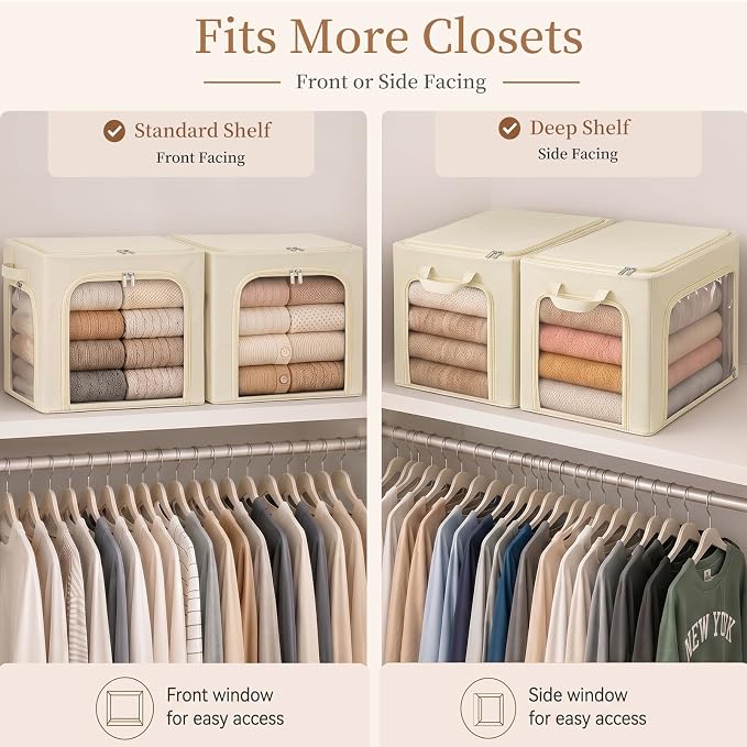GoMaihe Clothes Storage Bins with Metal Frame for Closet, 40L 6-Pack Beige | Seasonal Clothes Hoodies Jeans, Closet Top Shelf Linen Closet Organizer, 3 Side Access Stackable Collapse-Proof, Clear Window