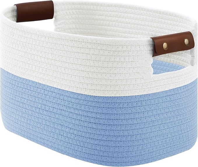 ECDYQXVU 15x10x9 Woven Cotton Rope Storage Basket, Leather Handles 1 Pack | Foldable Design, Sturdy PU Handles, Easy to Clean Organizer for Living Room, Closet, Shelves, Bedroom, Laundry, Clothes