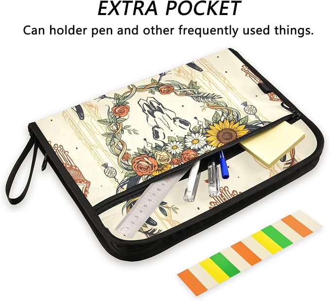 Bohemian Bull Skull Pattern with Sunflowers Expanding File Folder with Sticky Labels, 13 Pockets Accordion File Folder Document Organizer Expandable Zip File Folder with Zipper Closure