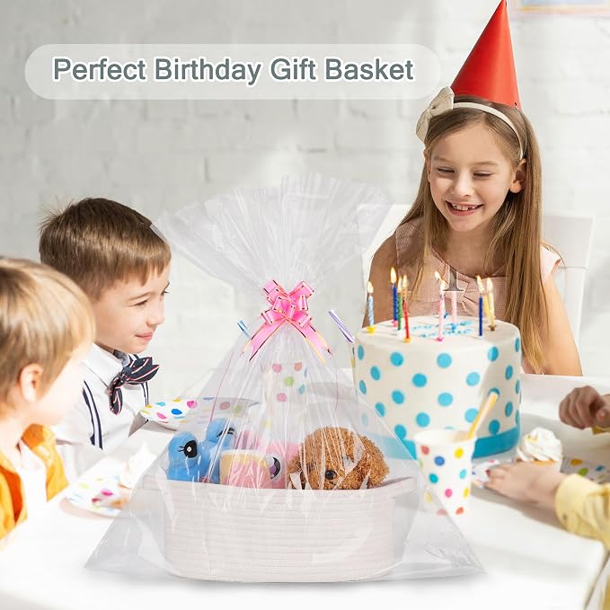 COMSE Empty Small Gift Basket with Bag & Ribbons, White | Cotton Rope, 12"x 8"x 5", Baby Toy Organizer, Stores Small Items for Bedrooms, Nurseries, Bathrooms, Living Rooms, Offices