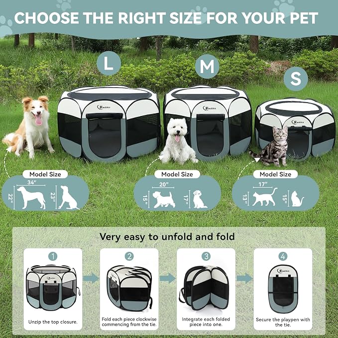 Siedihit Medium Dog Cat Playpen, Puppy Pet Playpen Indoor for Dog Crate Tent Cage Outdoor, Portable Pop Up Dogs Enclosure Kennel with Carrying Case for Dogs/Cats/Rabbits