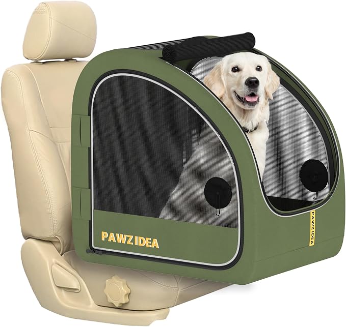 PAWZIDEA Portable Dog Crate for Car Travel, Medium & Large Dogs Up to 80lbs | Soft-Sided Dog Car Kennel for Backseat, Secures Seatbelt & Headrest Strap, Collapsible Enclosed Car Seat Carrier, Chew-Proof