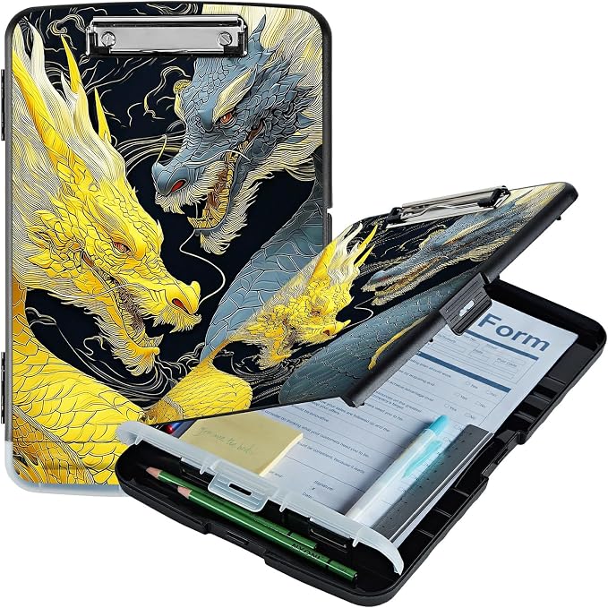 A4 Clipboard with Storage Pen Holder, Clipboards Organizer Nursing Clipboard Foldable File Folder Plastic Clipboard Folio Clip Board for Office Work Classroom Doctor, Gray-Yellow Dragon