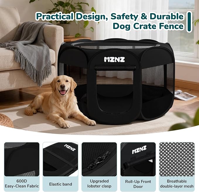 Dog Cat Small Animal Puppy Playpen Crate, Large, Whole Black | Portable Pop Up Pet Cage Enclosure Tent Kennel Indoor Outdoor with Carrying Case, No Assembly, Camping Use