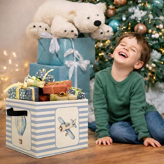 Airplane & Hot Air Balloon Storage Basket, Blue Stripe Foldable Toy Bin | Cute airplane and hot air balloon design with blue stripes; foldable fabric bin for toys, books, clothes, nursery.