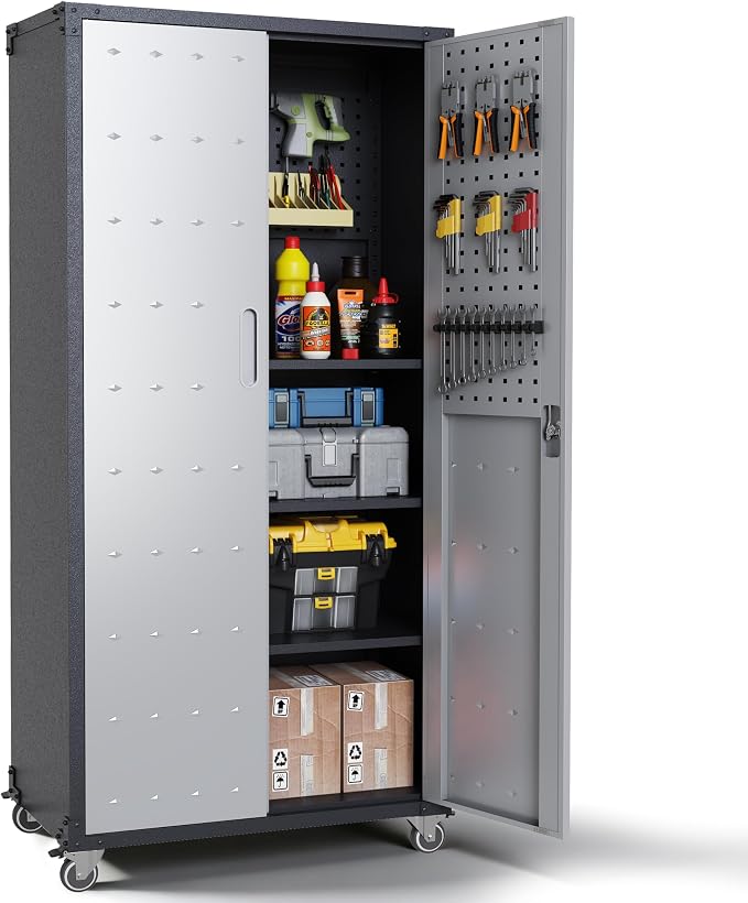 Garage Metal Storage Cabinet,71" Rolling Tool Cabinet with Pegboard and 3 Adjustable Shelves,Heavy-Duty Shelving Unit with Lockable Doors for Garage,Workshop,Home & Office Organization