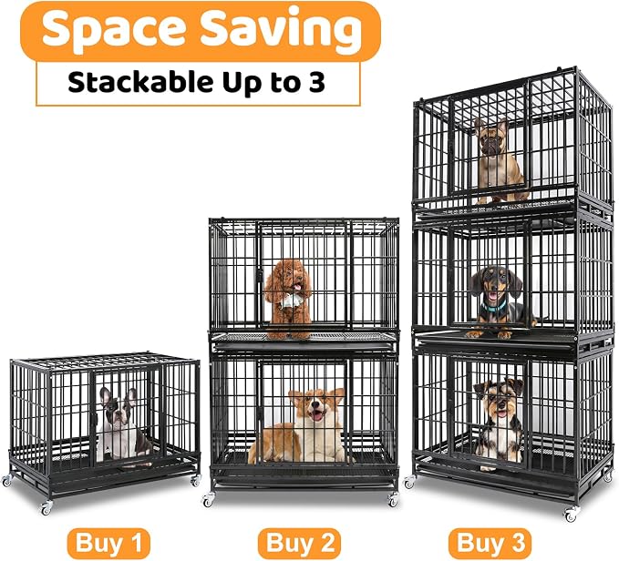 Homey Pet 37 Inch Three Tiers Stackable Dog Crates for Medium Dogs | Indestructible Heavy Duty Dog Crate Cage with Lockable Wheels, Removable Tray, Opent Top, Escape Proof Locks, Bowls