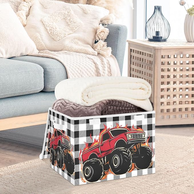 Red Truck Car Fabric Storage Bins with Lid Closet Storage Basket 40L | Decorative Storage Boxes, Foldable & Stackable, Dust-Proof Flip Top, Reinforced Handles, For Home & Dorm, Clothes & Toy Box