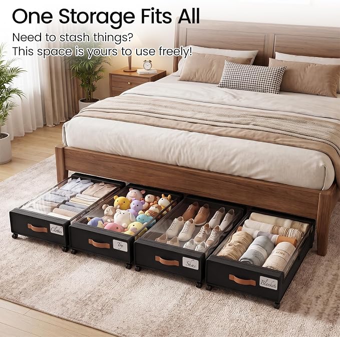 Yecaye 60 L Under Bed Storage with Wheels, 2 Pack Under Bed Storage Containers with Clear Window & Label, Rolling Under bed Shoe Storage organizer for Clothes, Shoes, Black