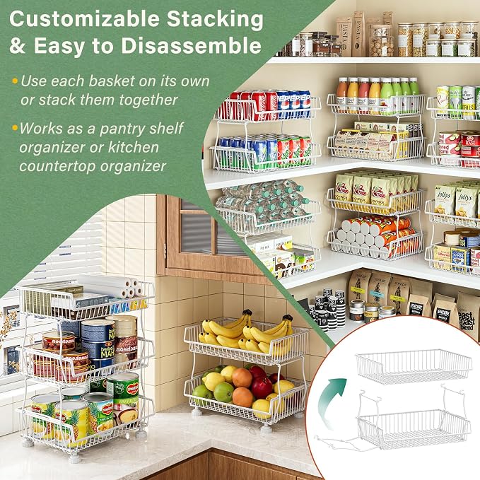 OKZEST Pantry Organizers and Storage Cart with Upgraded Metal Hub Casters | Fits under pantry shelf, Stackable fine-mesh wire baskets, 3-Tier rolling cart holds drink, snack, can, potato, onion, fruit