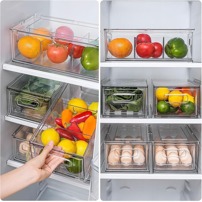 3.7QT Refrigerator Fridge Organizers Storage Bin with Pull-out Drawer,2 Pcs | Plastic Fridge Organizers and Storage with Handle, Stackable Fruit Vegetable Storage Containers for Kitchen Bathroom Pantry