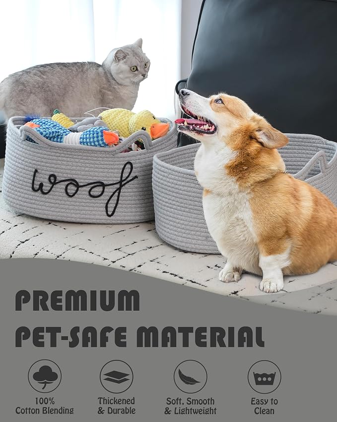 Sea Team Dog Toy Storage Basket with Handles and Ears, Gray Woof | Large Cotton Rope Storage Bin, Shelf Basket, Organizer for Pet Chew Toys, Foods, 16.5 x 11 x 7 Inches, 4.4 Gallons