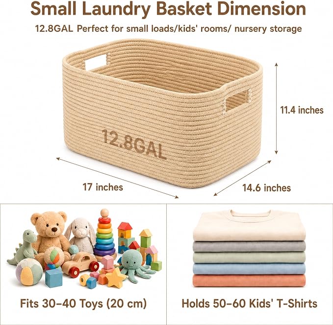 12.8GAL Small Cute laundry basket for nursery, Boho Square storage basket for Living Room Decor, Kids Girls Boys Toys Stuffed Animal Decorative Short Hamper for Dirty Clothes, Bath Towel,Shoes Oatmeal
