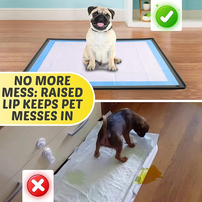 Dog Pee Pad Holder Tray Fits for 27.5” x 44” Pee Pads - 1 Pack - Grey | Corner Lock Holes, Raised Edges, Non-Spill, Easy to Clean Silicone Dog Potty Tray Holder, For Indoor Floor Protection