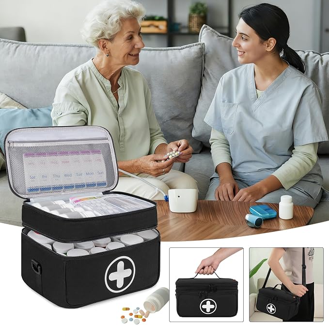 Medicine Storage Bag, 2 Layer Pill Bottle Organizer Storage Bag Empty | Lockable Medical Travel Bag with Adjustable Divider, Suitable for Pills, Vitamins, Fish Oil, Medical Supplies