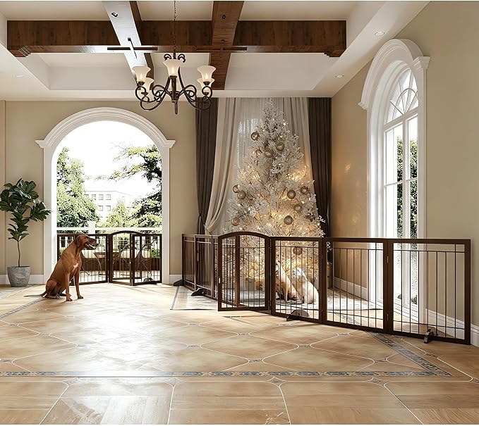 JSB 192-inch Extra Wide 30-inch Tall Dog gate with Door Walk Through,Full Matel Freestanding Pet Gate for Halls, Stairs & Home, Pet Puppy Safety Dog Fence with 4PCS Support Feet (Espresso)