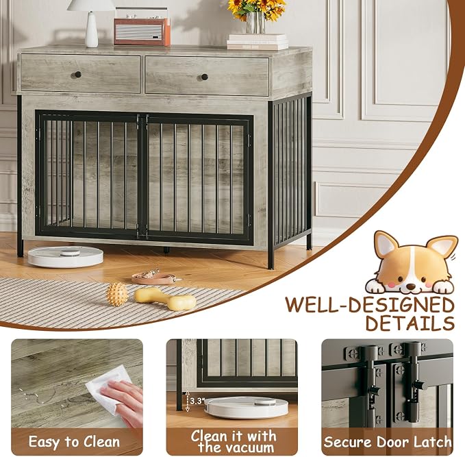 PUKAMI Large Dog Crate Furniture with 2 Drawers, 44 Inch Wooden Dog Kennel Indoor, Crate Furniture as Decorative End Table, Cage Furniture for Small Medium Large Dogs (New Grey, 1-Pack Set)