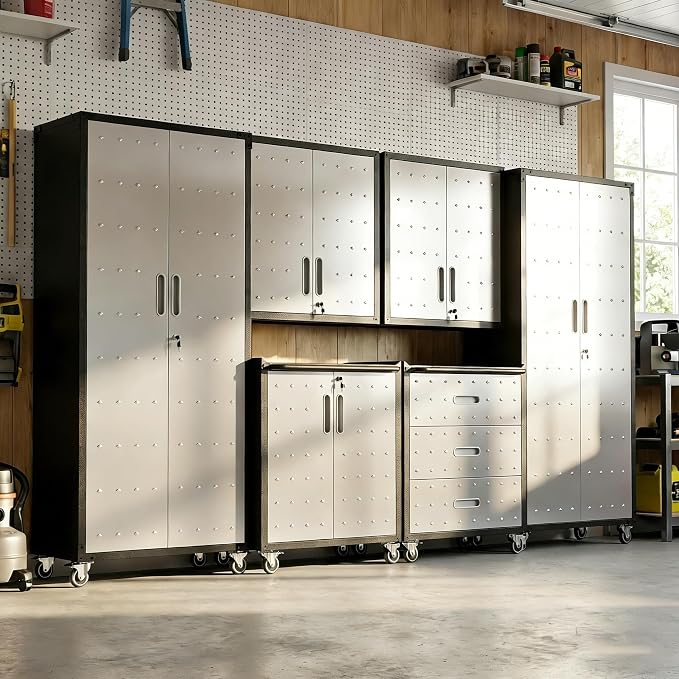 Garage Cabinet System | Heavy Duty Steel All-in-One Modular Garage Cabinet Set for Ultimate Workshop Organization | Easy Assembly Garage Storage Cabinets & Tool Bench