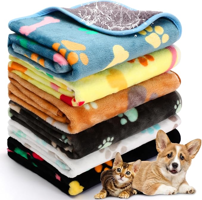Tegeme 6 Pcs Waterproof Dog Blanket 30 x 20 Inch Paw Print Pet Blanket for Dogs Cats Puppy Washable Soft Fluffy Fleece Rug Flannel Throw Warm Sleep Mat for Kitten Doggy