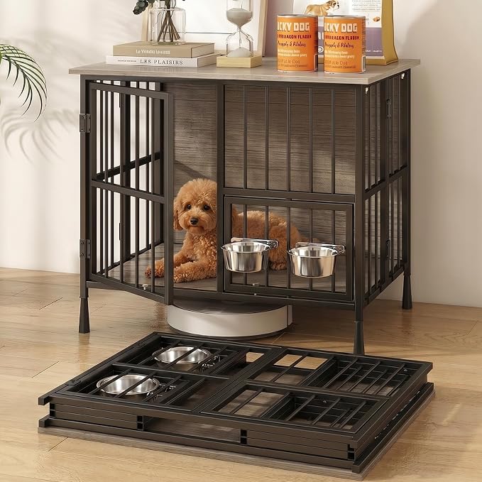 Hadulcet 27'' Foldable Dog Crate Furniture, Small Dog Kennel with 2 Bowls | Wooden Crate Table with Storage Top, Furniture Style Indoor Kennel for Small to Medium Dogs with Rotating Food Door, Gray