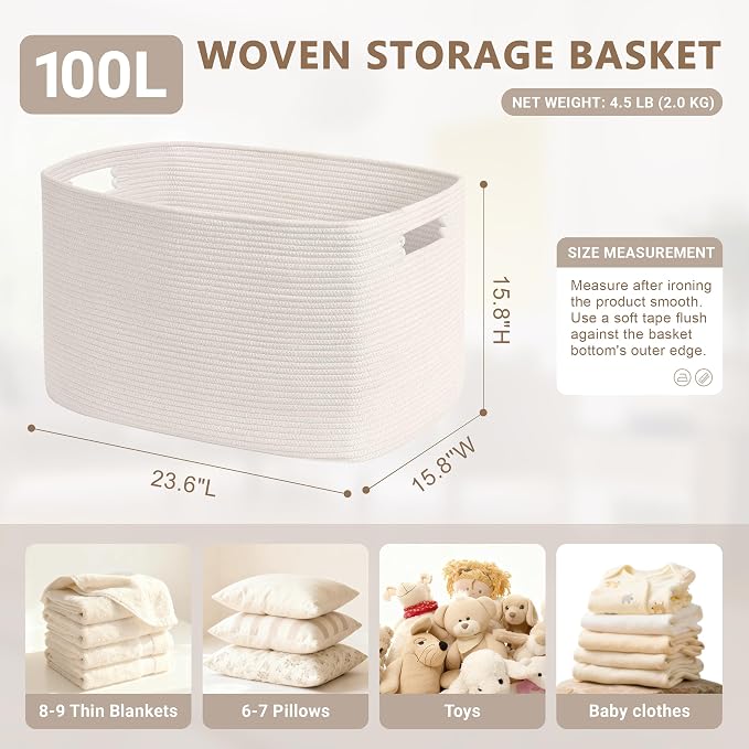 100L Extra Large Woven Laundry Basket Hamper with Handles, White | collapsible wicker hamper, storage for dirty clothes, toys, blankets, gifts, living room, bedroom, bathroom, 24"x16"x16"