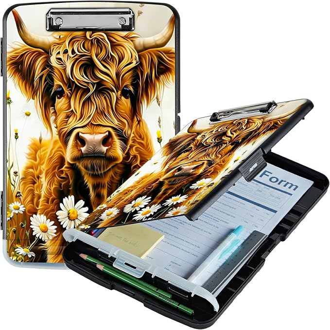 Flower Yellow Cow A4 Clipboard with Storage Pen Holder, Clipboards Organizer Nursing Clipboard Foldable File Folder Plastic Clipboard Folio Clip Board for Office Students Classroom Doctor