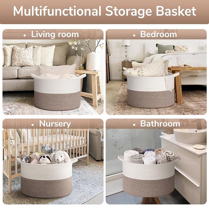 Goodpick 65L Large Woven Rope Basket for Blankets Living Room, 65L | 19.7 x 19.7 x 12.6 In Storage Basket for Toys Shoes, Cute Baby Laundry Hamper for Towels, Clothes, Mele