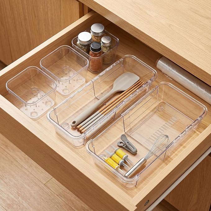 PrecisionAuto Expandable Drawer Organizer Set | Clear PET Plastic Desk Dividers for Office, Kitchen, Bathroom, and Vanity, Adjustable, Multi-Size Storage Bins Space-Saving