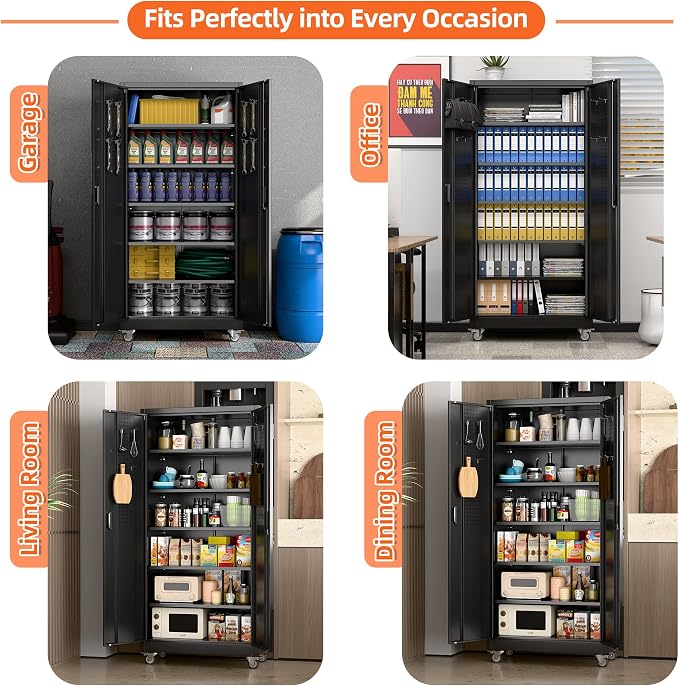 Garage Storage Cabinet with Wheels and Pegboard Doors, Black | 71"H x 34"W x 18"D steel cabinet with 5 adjustable shelves, 4 casters, 4 hooks and 3-point locking; assembly required.