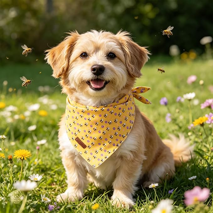 Bee Dog Bandana, Spring Summer Puppy Bandana for Small Medium Dog, Cotton Bee Floral Pet Triangle Bid Scarf Kerchief for Girl Boy Dogs or Cats