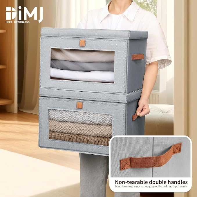 DIMJ Storage Bins with Lids - 8 Pack Large Fabric Closet Organizer with Window & Handles, Collapsible Decorative Storage Boxes for Shelves Under Bed, Books Clothes Blankets Sweaters Organization