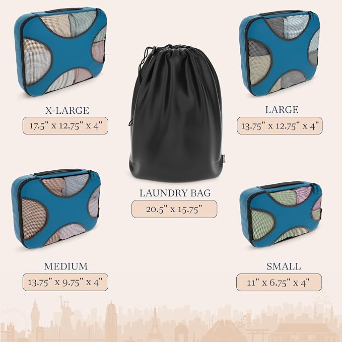 Shacke 5 Set Packing Cubes for Travel with Laundry Bag (Gentlemen's Blue) | Suitcase Organizer Bags Set: 4 Water-Resistant Luggage Cubes, XL to Small, + Laundry Bag for Carry-On or Checked