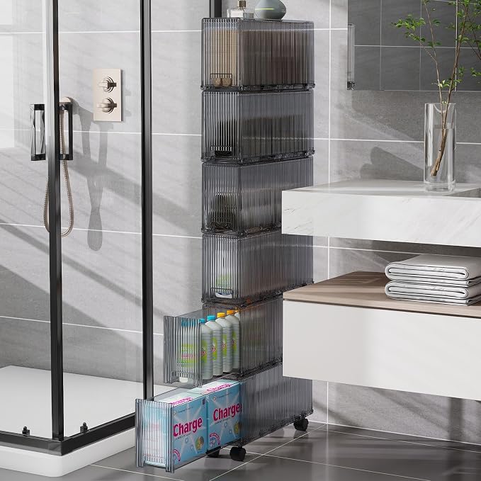 KHNR Slim 6 Tier Bathroom Storage Cabinet with Wheels, Narrow Gap Organizer Shelf, Tower for Shampoo, Towels, Toilet Paper Toiletries, Perfect for Bathroom Corner or Beside Toilet, Clear Grey