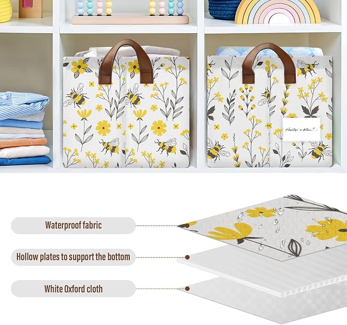 Yellow Wildflower with Bee Storage Basket Foldable Cube Storage Bins with Handles&Labels Waterproof Collapsible Organizer Box Bin Large Rectangle Decorative Baskets for Shelves Home Living Room Closet